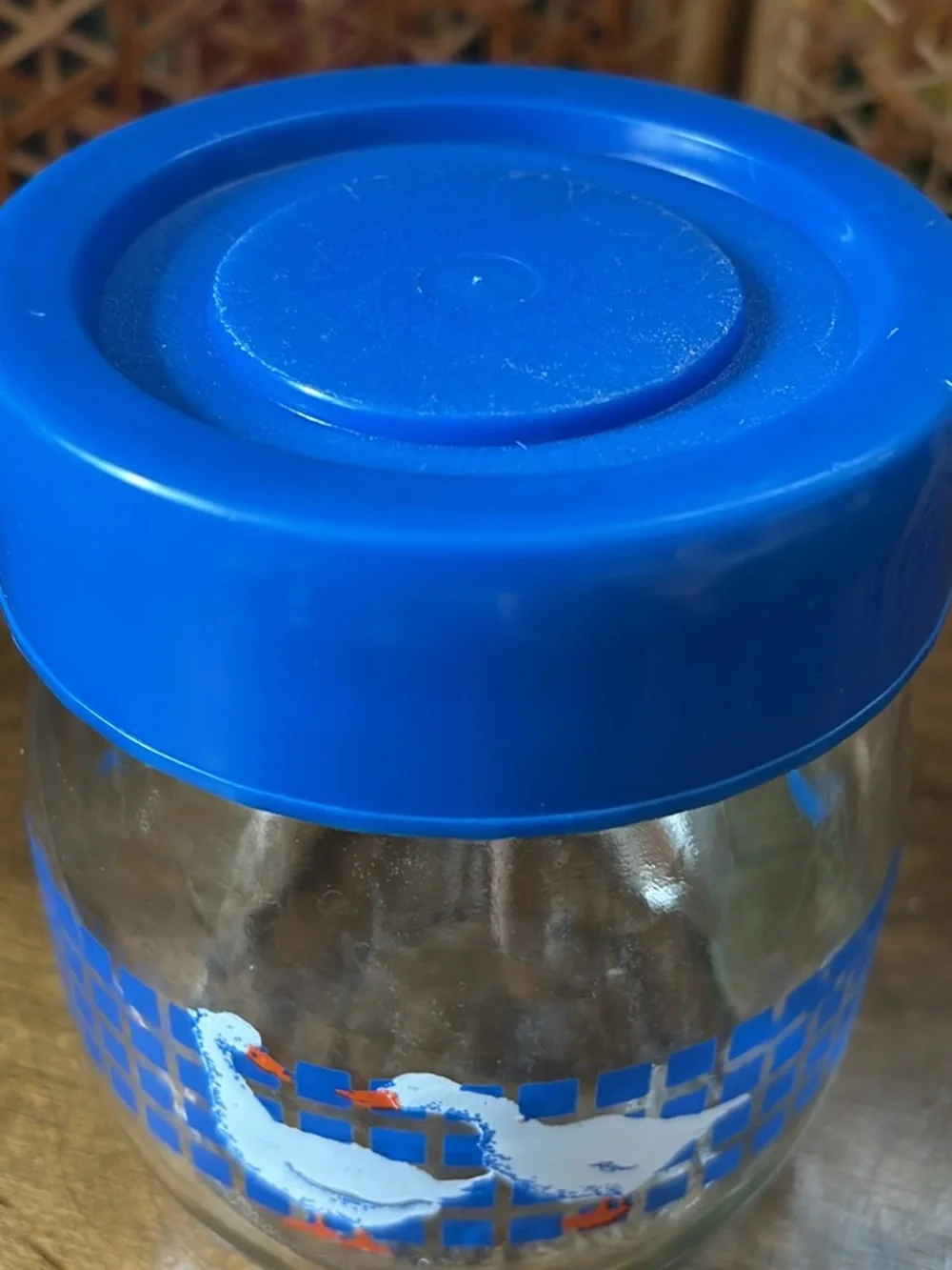 Glass Jar with Blue Lid and Duck Design